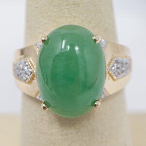 Large Jade Cabochon & Diamond Ring 14K Gold Vintage 15.7mm Stone